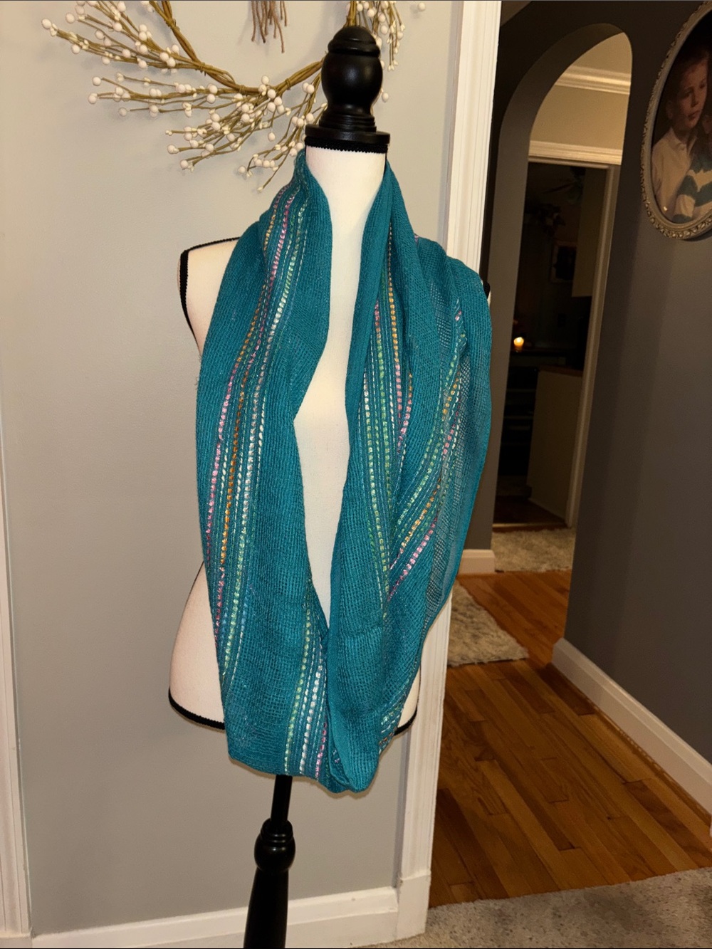 LOFT Teal Infinity Scarf with Multicolor Stitching
